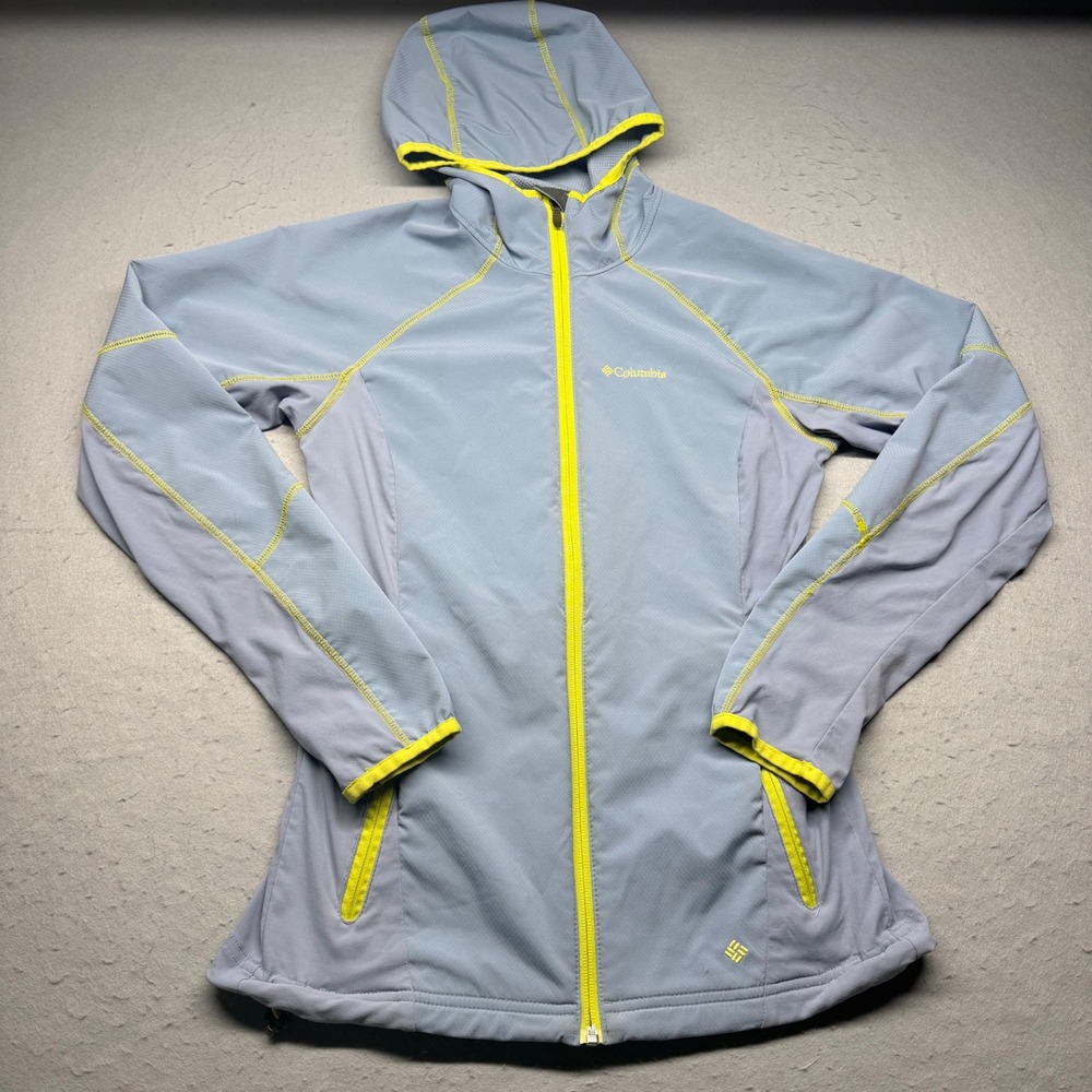 Columbia Softshell Hoodie Womens Small Grey Omni-Shield Full Zip Lime Trim